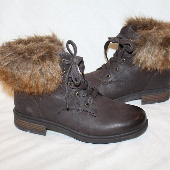 NEW UGG HARRISON FUR TRIMMED LEATHER WOMEN'S BOOTS BROWN - Picture 1 of 7
